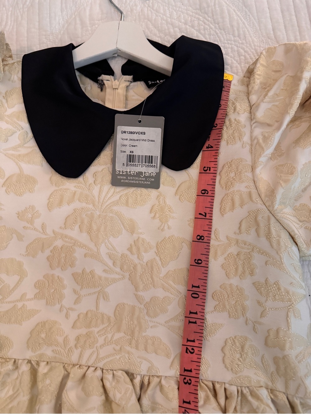 Sister Jane Jacquard Puff Sleeve Dress Black Satin Peter Pan Collar & Ribbon NWT - Picture 16 of 16